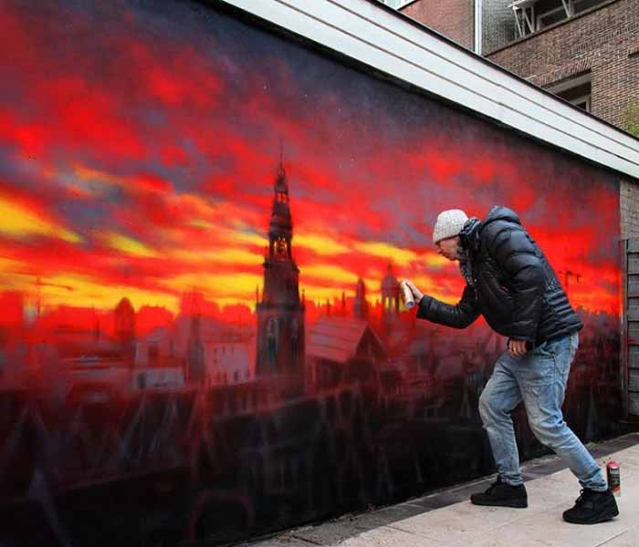 Skyline Amsterdam graffiti muur